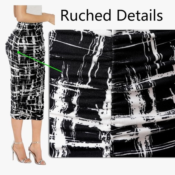 NWT VFshow black/white geometric print, pencil ruched detail midi skirt, size S - Picture 3 of 11